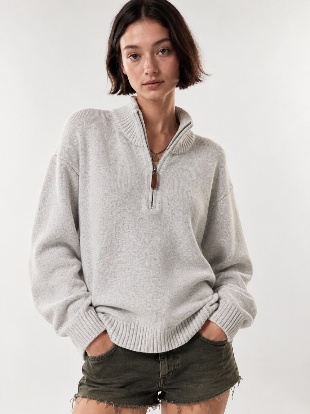 Brandy Melville Light Gray Half‑Zip Turtleneck Sweater